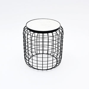 English Elm Marble Look Round Side Table with Geometric Cage Base for Modern Living Spaces B346P515509