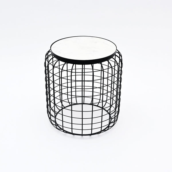 English Elm Marble Look Round Side Table with Geometric Cage Base for Modern Living Spaces B346P515509