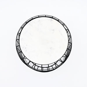 English Elm Marble Look Round Side Table with Geometric Cage Base for Modern Living Spaces B346P515509