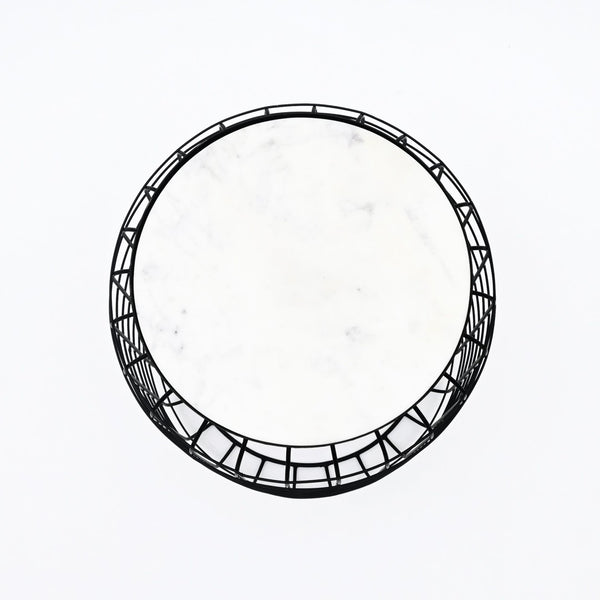 English Elm Marble Look Round Side Table with Geometric Cage Base for Modern Living Spaces B346P515509