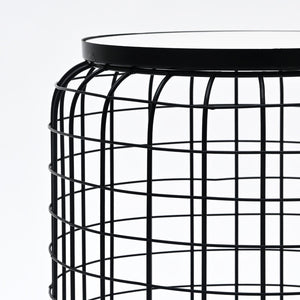 English Elm Marble Look Round Side Table with Geometric Cage Base for Modern Living Spaces B346P515509