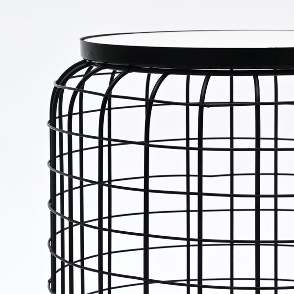 English Elm Marble Look Round Side Table with Geometric Cage Base for Modern Living Spaces B346P515509