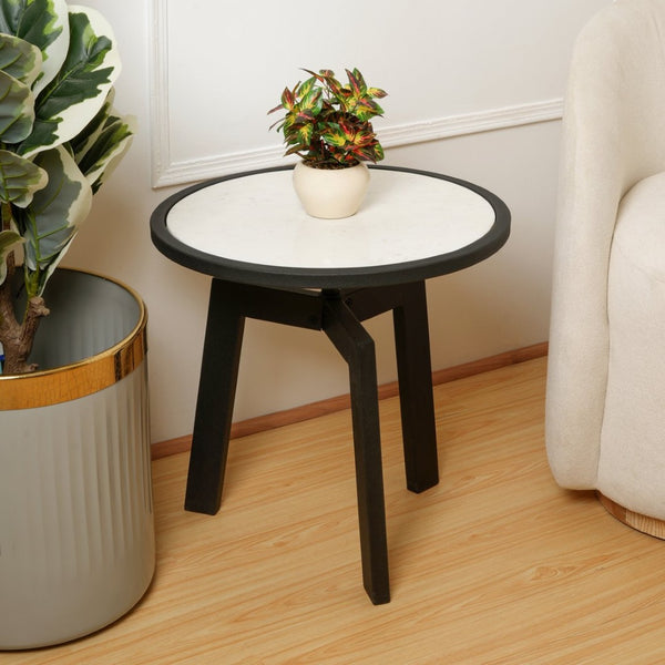 English Elm Marble Round End Table with Matte Black Tripod Base for Modern Living Spaces B346P515510