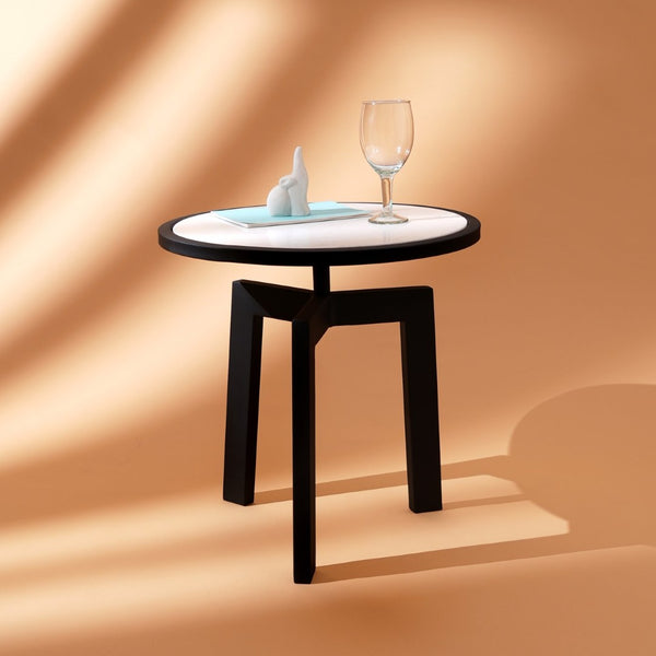 English Elm Marble Round End Table with Matte Black Tripod Base for Modern Living Spaces B346P515510