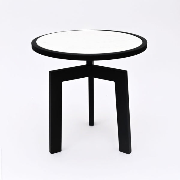 English Elm Marble Round End Table with Matte Black Tripod Base for Modern Living Spaces B346P515510