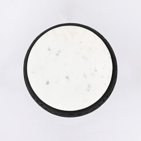 English Elm Decor Marble Top Drum Accent Table with Floral Cut-out Metal Base for Any Room B346P515511