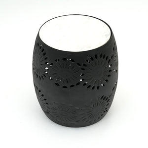 English Elm Decor Marble Top Drum Accent Table with Floral Cut-out Metal Base for Any Room B346P515511