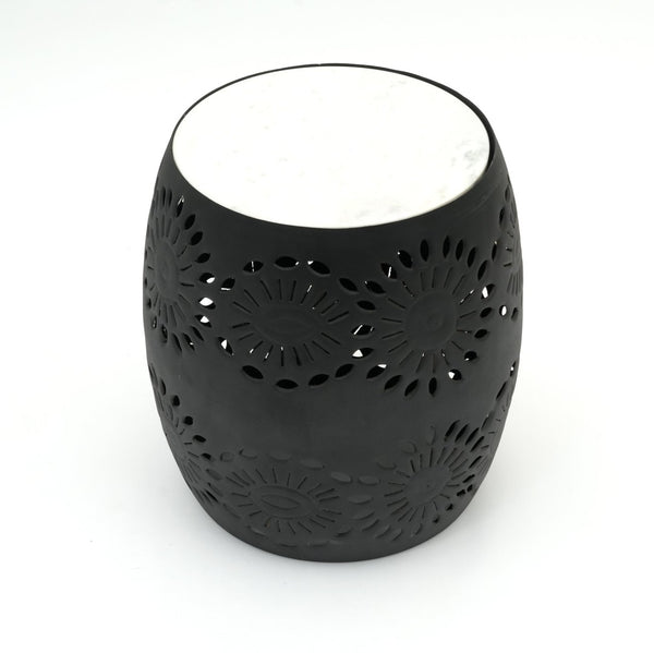 English Elm Decor Marble Top Drum Accent Table with Floral Cut-out Metal Base for Any Room B346P515511