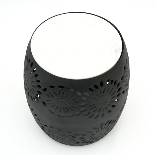 English Elm Decor Marble Top Drum Accent Table with Floral Cut-out Metal Base for Any Room B346P515511