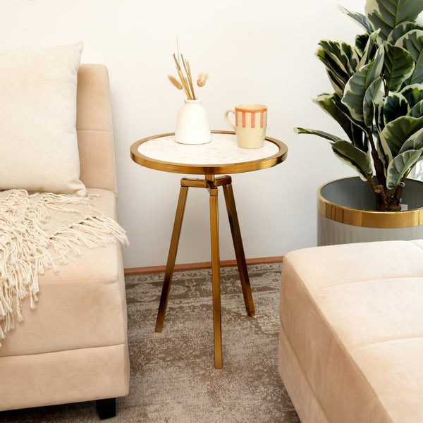 English Elm Round Marble Look Top Side Table with Gold Tripod Base for Living Room or Bedroom B346P515512