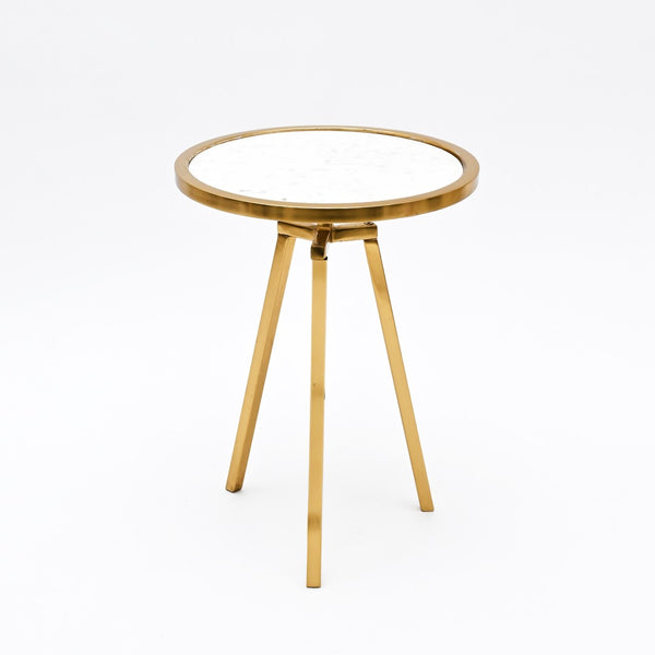 English Elm Round Marble Look Top Side Table with Gold Tripod Base for Living Room or Bedroom B346P515512