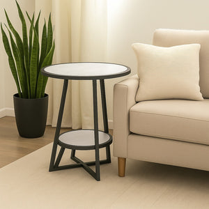 English Elm End Table Two Tier Round Marble Top with Matte Black Metal Frame for Modern Spaces B346P515513