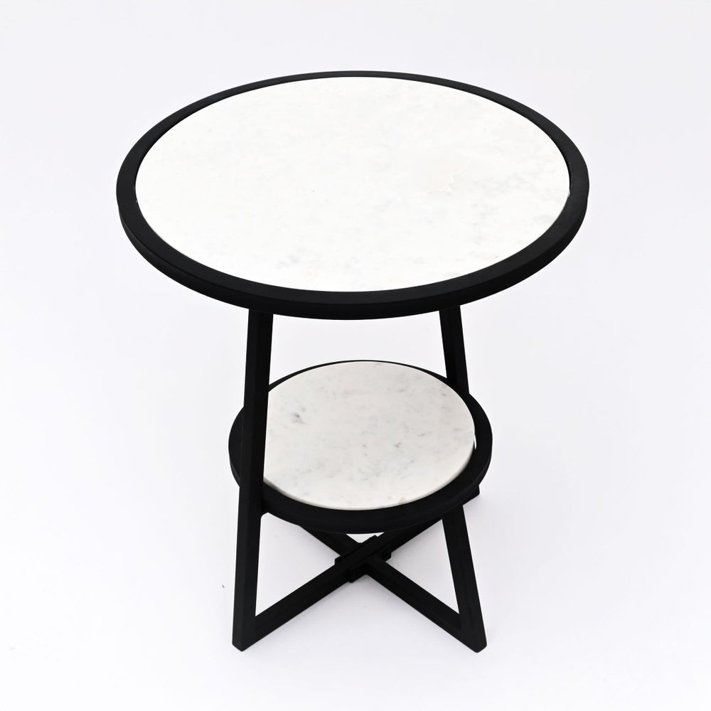 English Elm End Table Two Tier Round Marble Top with Matte Black Metal Frame for Modern Spaces B346P515513