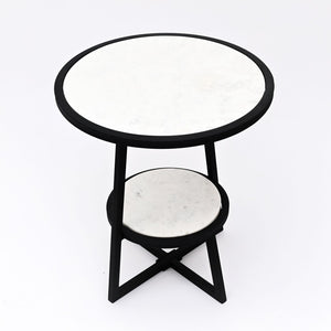 English Elm End Table Two Tier Round Marble Top with Matte Black Metal Frame for Modern Spaces B346P515513