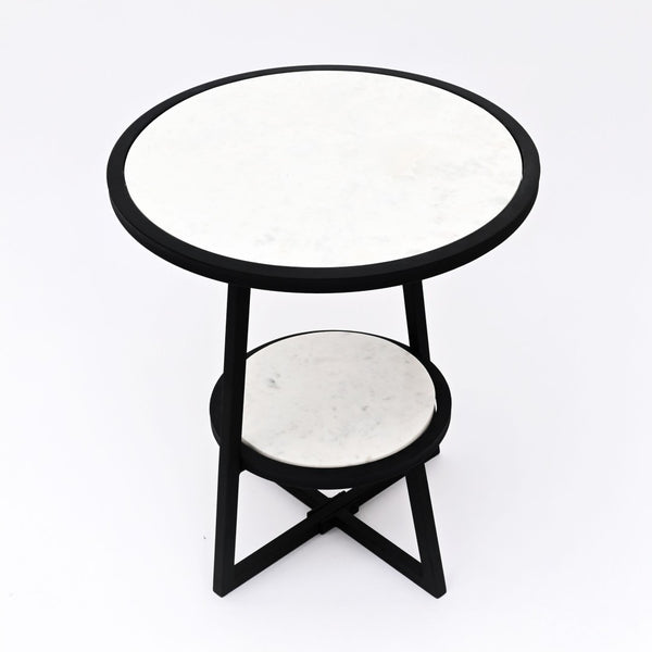 English Elm End Table Two Tier Round Marble Top with Matte Black Metal Frame for Modern Spaces B346P515513