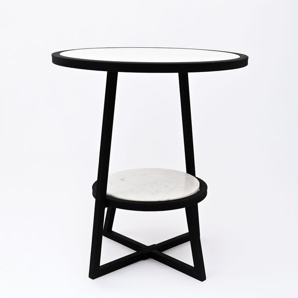 English Elm End Table Two Tier Round Marble Top with Matte Black Metal Frame for Modern Spaces B346P515513