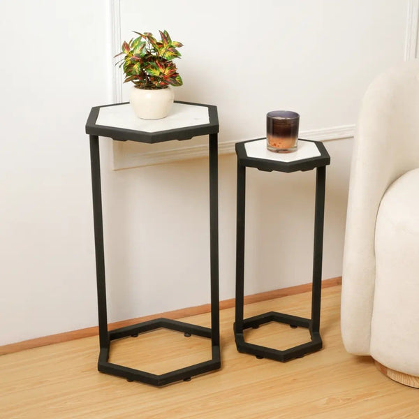 English Elm Nesting Hexagonal Marble Top End Tables Set of 2 with Black Metal Frames Modern Accent B346P515514