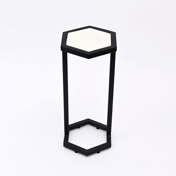 English Elm Nesting Hexagonal Marble Top End Tables Set of 2 with Black Metal Frames Modern Accent B346P515514