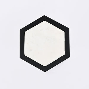 English Elm Nesting Hexagonal Marble Top End Tables Set of 2 with Black Metal Frames Modern Accent B346P515514
