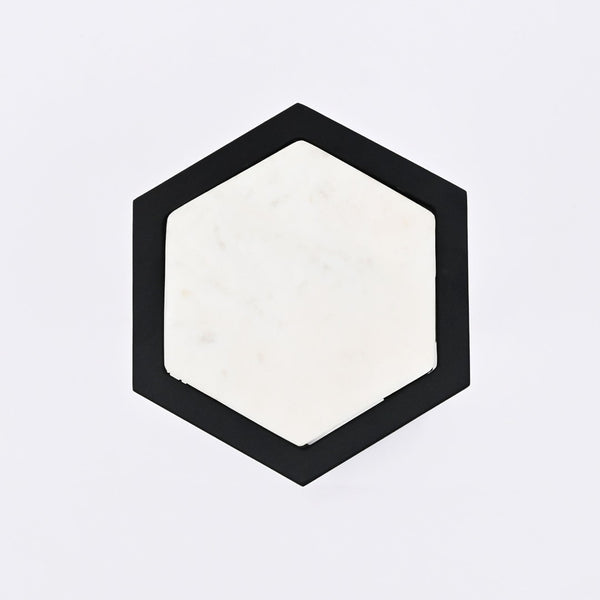 English Elm Nesting Hexagonal Marble Top End Tables Set of 2 with Black Metal Frames Modern Accent B346P515514