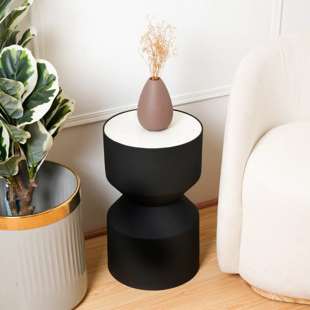 English Elm Round Marble Top Side Table with Matte Black Metal Frame for Modern Living Spaces B346P515515