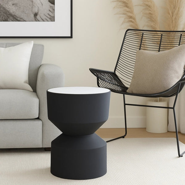 English Elm Round Marble Top Side Table with Matte Black Metal Frame for Modern Living Spaces B346P515515