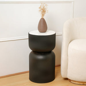 English Elm Modern Marble Top Drum End Table with Matte Black Cylindrical Base for Any Room B346P515516