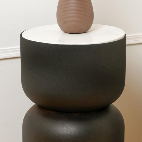 English Elm Modern Marble Top Drum End Table with Matte Black Cylindrical Base for Any Room B346P515516