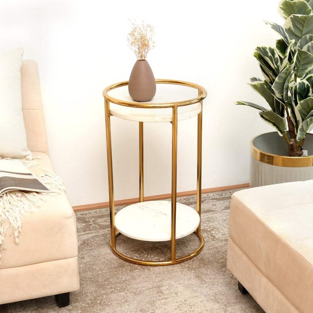 English Elm White Marble Two Tier Round Accent Table with Gold Plated Frame for Glam Interiors B346P515517