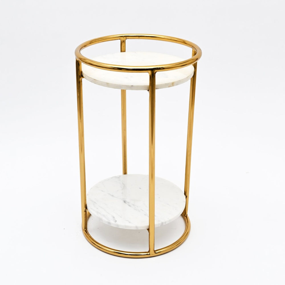 English Elm White Marble Two Tier Round Accent Table with Gold Plated Frame for Glam Interiors B346P515517