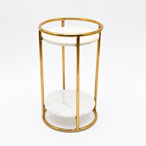 English Elm White Marble Two Tier Round Accent Table with Gold Plated Frame for Glam Interiors B346P515517