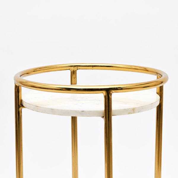 English Elm White Marble Two Tier Round Accent Table with Gold Plated Frame for Glam Interiors B346P515517
