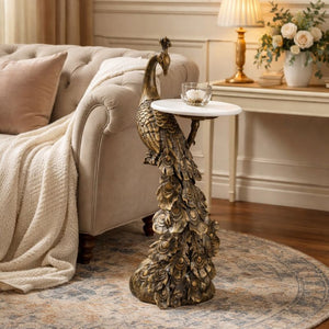 English Elm Peacock Sculptural Cast Aluminum Side Table with White Marble Top for Glam Living Spaces Antique Brass B346P515520