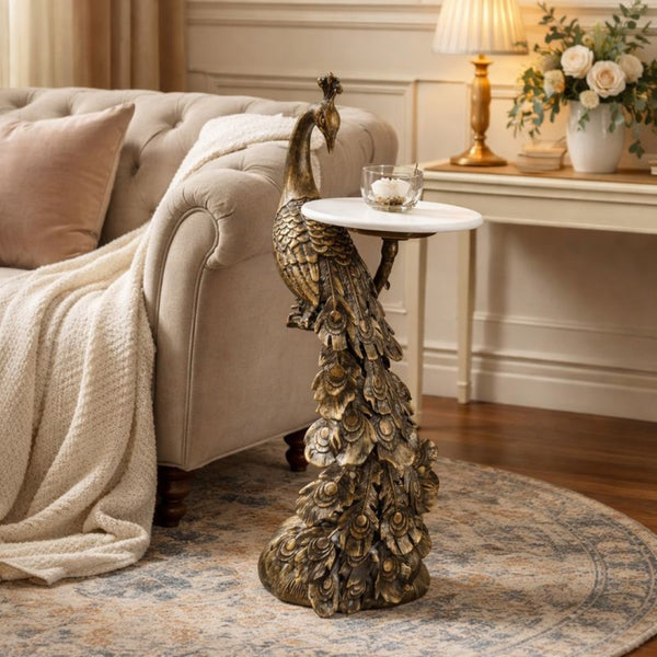 English Elm Peacock Sculptural Cast Aluminum Side Table with White Marble Top for Glam Living Spaces Antique Brass B346P515520