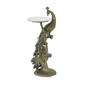 English Elm Peacock Sculptural Cast Aluminum Side Table with White Marble Top for Glam Living Spaces Antique Brass B346P515520