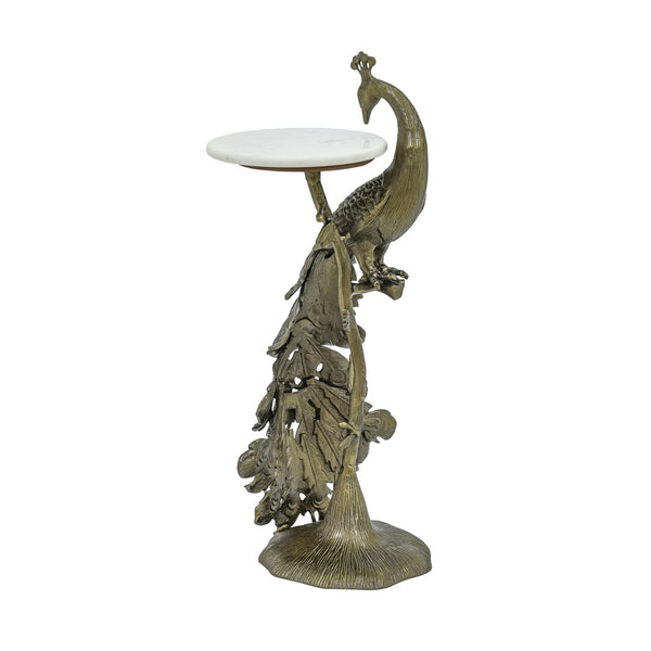 English Elm Peacock Sculptural Cast Aluminum Side Table with White Marble Top for Glam Living Spaces Antique Brass B346P515520