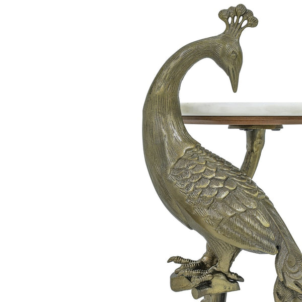 English Elm Peacock Sculptural Cast Aluminum Side Table with White Marble Top for Glam Living Spaces Antique Brass B346P515520
