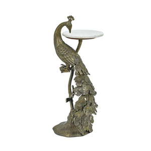 English Elm Peacock Sculptural Cast Aluminum Side Table with White Marble Top for Glam Living Spaces Antique Brass B346P515520