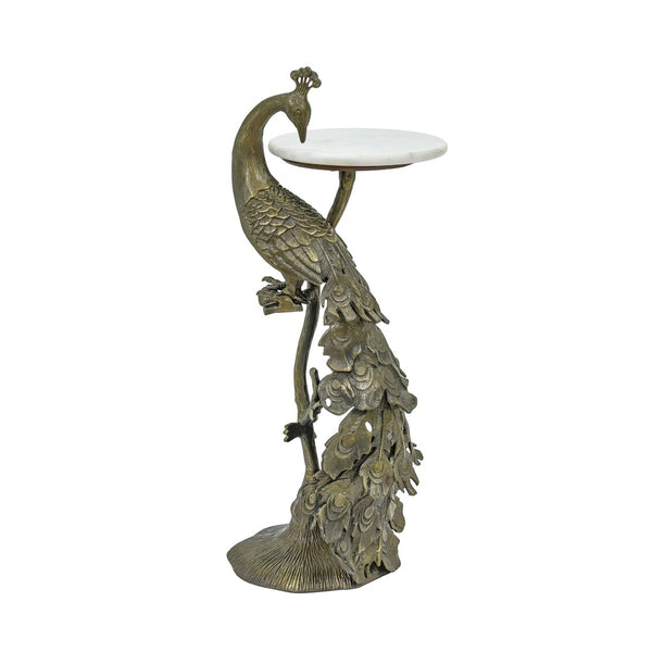 English Elm Peacock Sculptural Cast Aluminum Side Table with White Marble Top for Glam Living Spaces Antique Brass B346P515520
