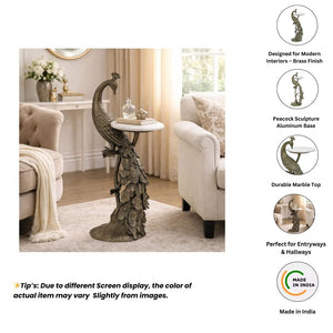 English Elm Peacock Sculptural Cast Aluminum Side Table with White Marble Top for Glam Living Spaces Antique Brass B346P515520