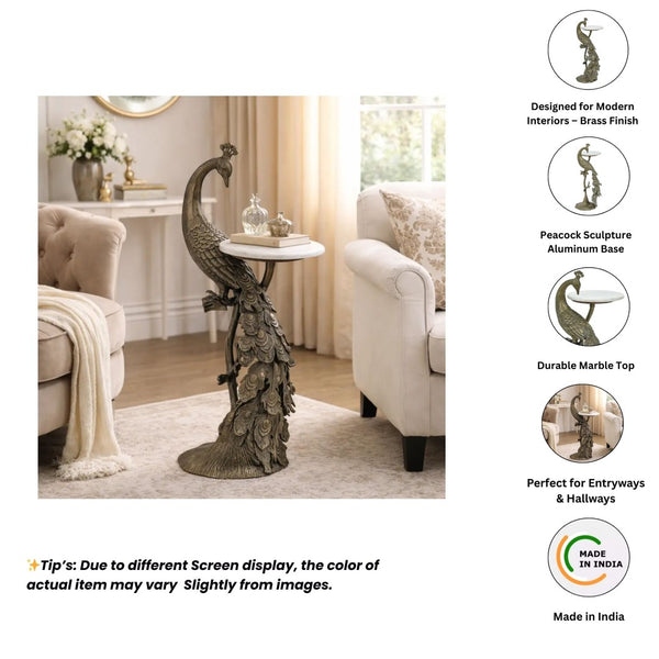English Elm Peacock Sculptural Cast Aluminum Side Table with White Marble Top for Glam Living Spaces Antique Brass B346P515520