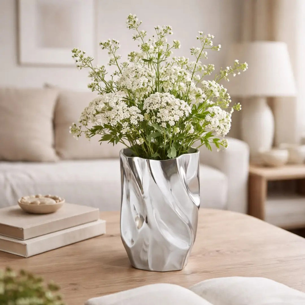 English Elm Abstract Aluminum Vase with Polished Nickel Finish Sculptural Accent for Modern Decor B346P521497