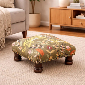 English Elm Botanical Tiger Kantha Stitch Cotton Voile Accent Stool with Mango Wood Legs B346P521498