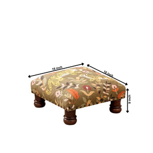 English Elm Botanical Tiger Kantha Stitch Cotton Voile Accent Stool with Mango Wood Legs B346P521498