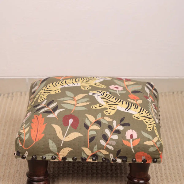 English Elm Botanical Tiger Kantha Stitch Cotton Voile Accent Stool with Mango Wood Legs B346P521498