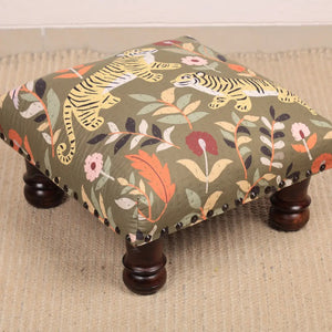 English Elm Botanical Tiger Kantha Stitch Cotton Voile Accent Stool with Mango Wood Legs B346P521498