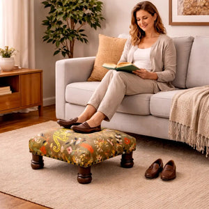 English Elm Botanical Tiger Kantha Stitch Cotton Voile Accent Stool with Mango Wood Legs B346P521498