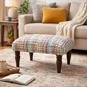 English Elm Handwoven Cotton Jute Footstool with Mango Wood Legs Boho Artisan Accent Piece B346P521518
