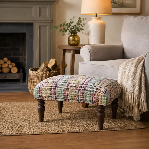 English Elm Handwoven Cotton Jute Footstool with Mango Wood Legs Boho Artisan Accent Piece B346P521518