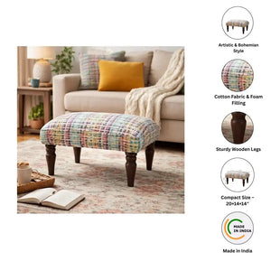 English Elm Handwoven Cotton Jute Footstool with Mango Wood Legs Boho Artisan Accent Piece B346P521518